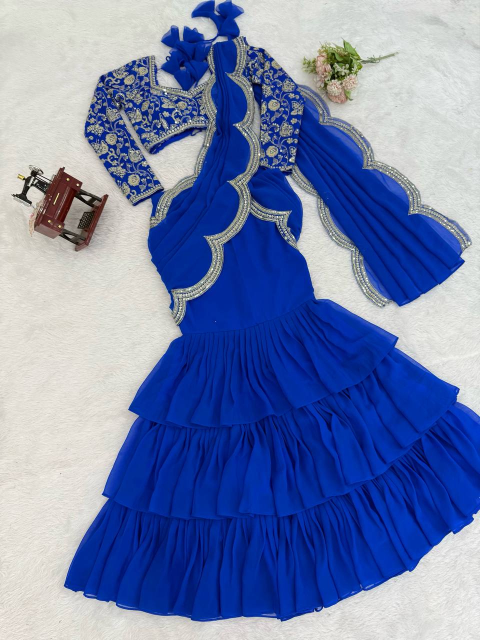 Faux Georgette Ruffle Saree for Women Elegant Thread & Sequin Embroidery Western Saree for Woman Party Wedding with Unstitched Blouse Piece Free Size