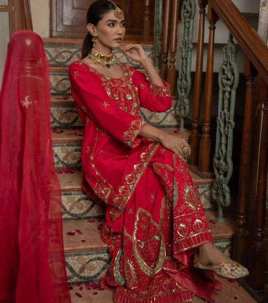 Designer Red Kurti-Sharara with Mirror & Sequin Work