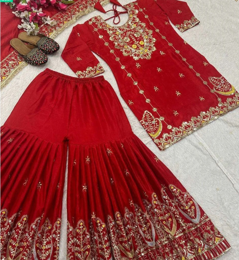 Designer Red Kurti-Sharara with Mirror & Sequin Work