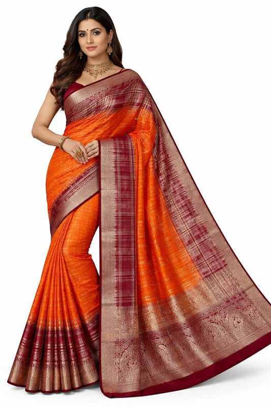 - Kalamkari-inspired gold Zari weaving with Hamsa (peacock) border. - handloom kanjivaram weaving saree (& purple shades with gold checks & buttas).