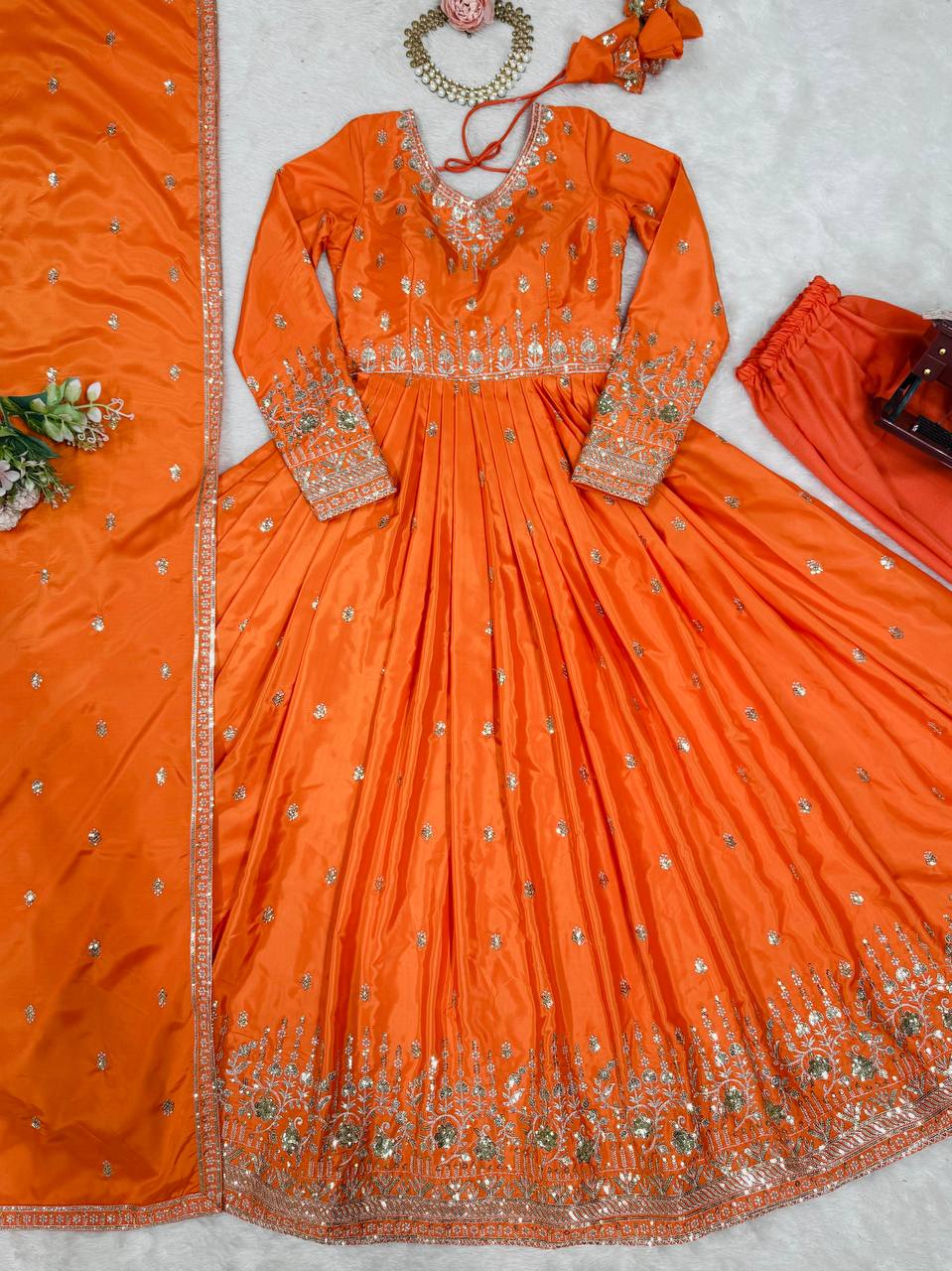 Orange Faux Georgette Metalic Multi Foil Work Stitched Gown with Dupatta for Women