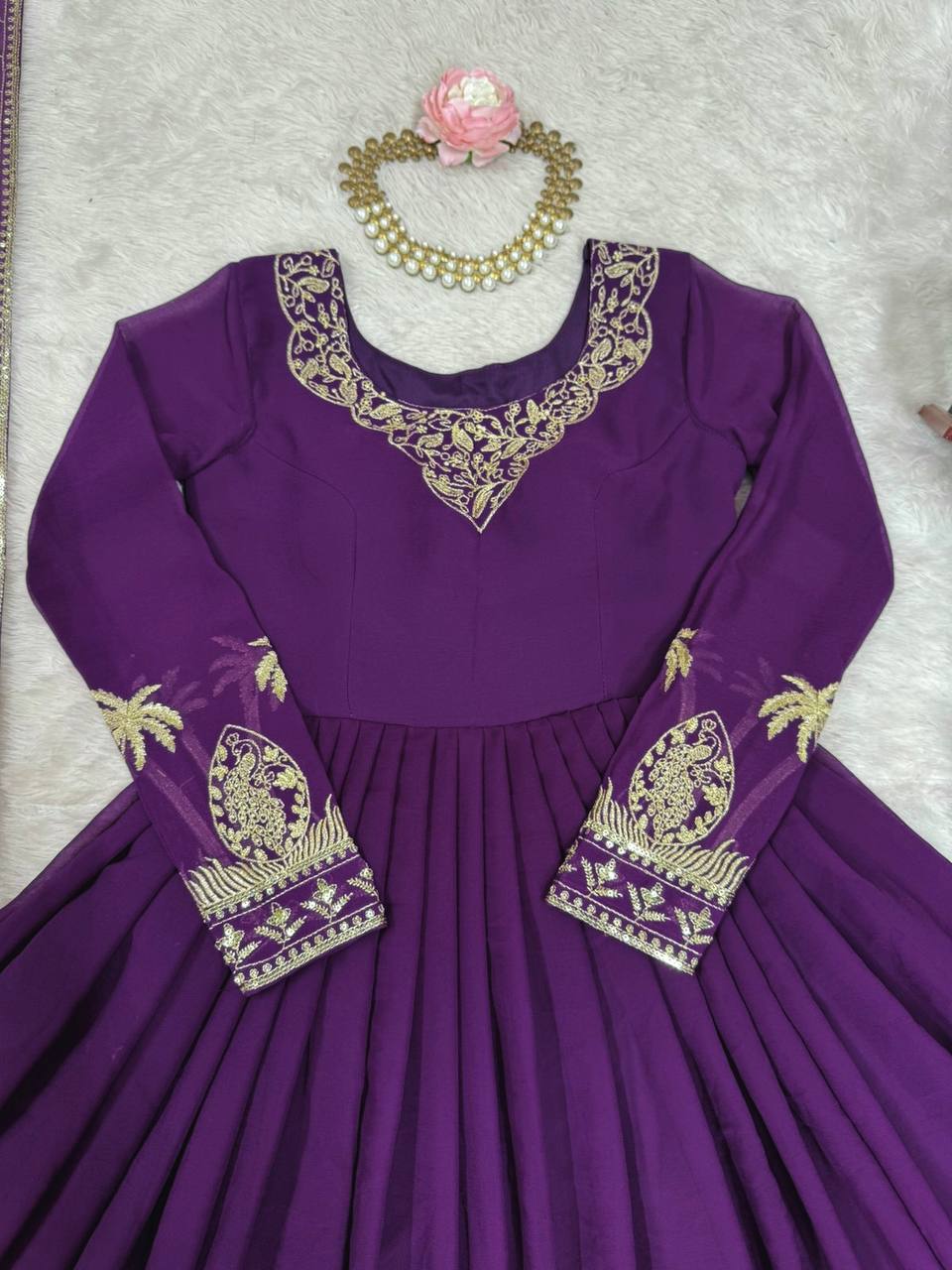 Ethnic Motifs Embroidered Anarkali Zari Work Kurta With Trouser & Dupatta Purple
