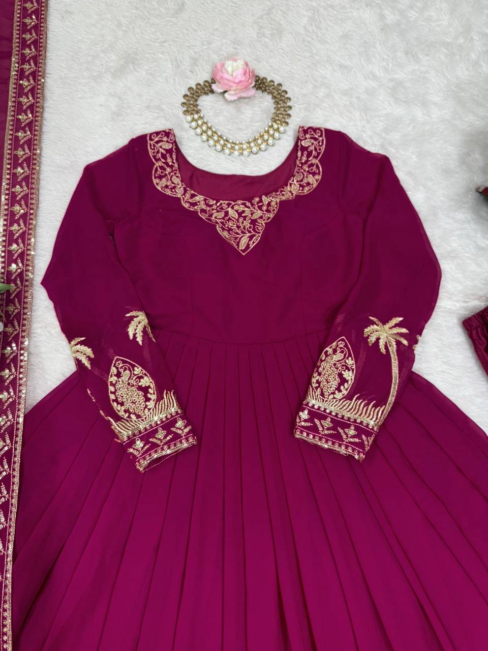 Ethnic Motifs Embroidered Anarkali Zari Work Kurta With Trouser & Dupatta Pink
