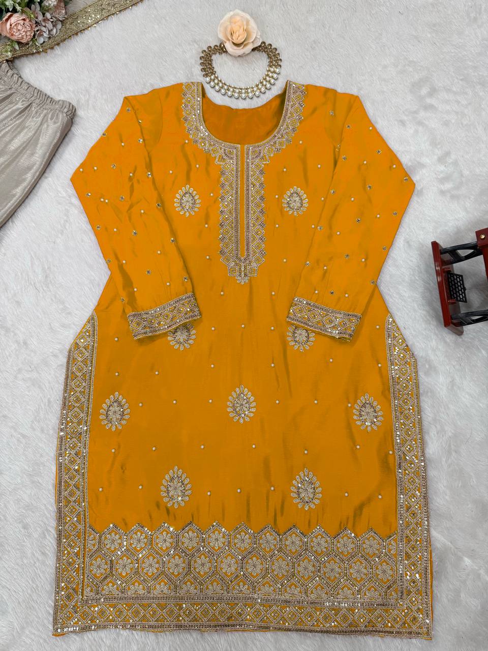 Women Mustard Georgette Embroidered Stitched Kurta Set Yellow