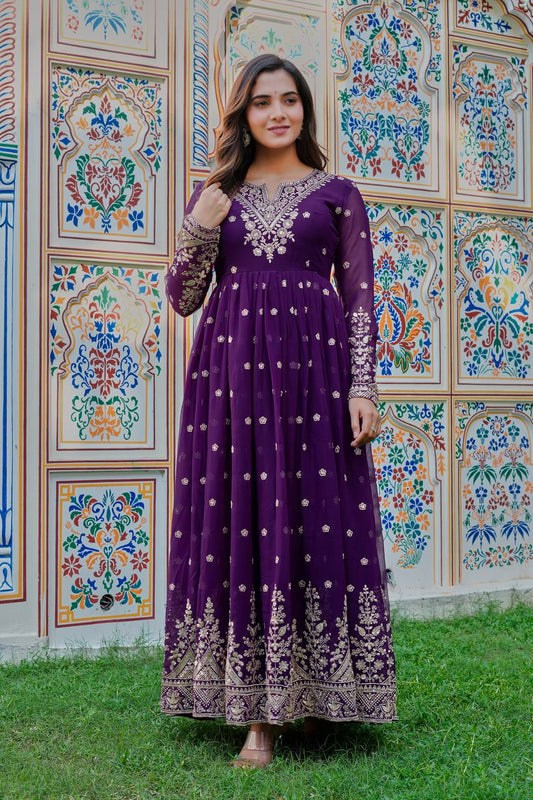 Women's Georgette Anarkali Gown with Dupatta Set || Kurta with Dupatta Set for Women (Purple Geetanjali Gown)