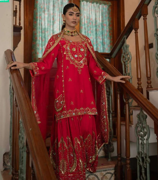 Designer Red Kurti-Sharara with Mirror & Sequin Work
