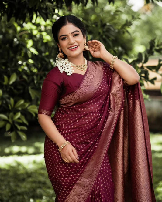 Banarasi Silk Saree - Maroon Silk with Fine Craftsmanship and Ornate Motifs