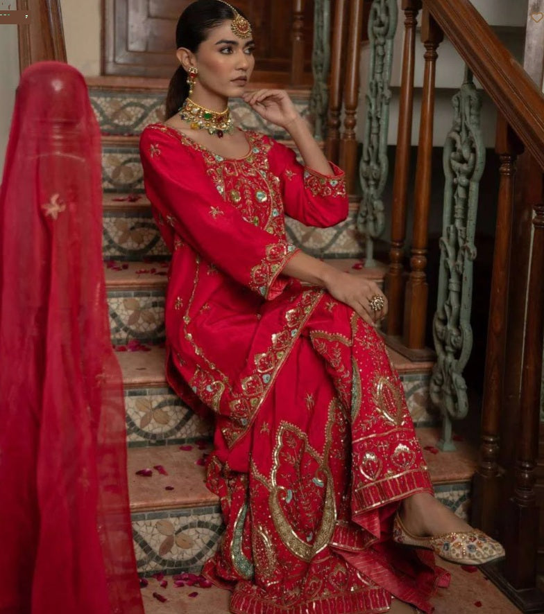 Designer Red Kurti-Sharara with Mirror & Sequin Work