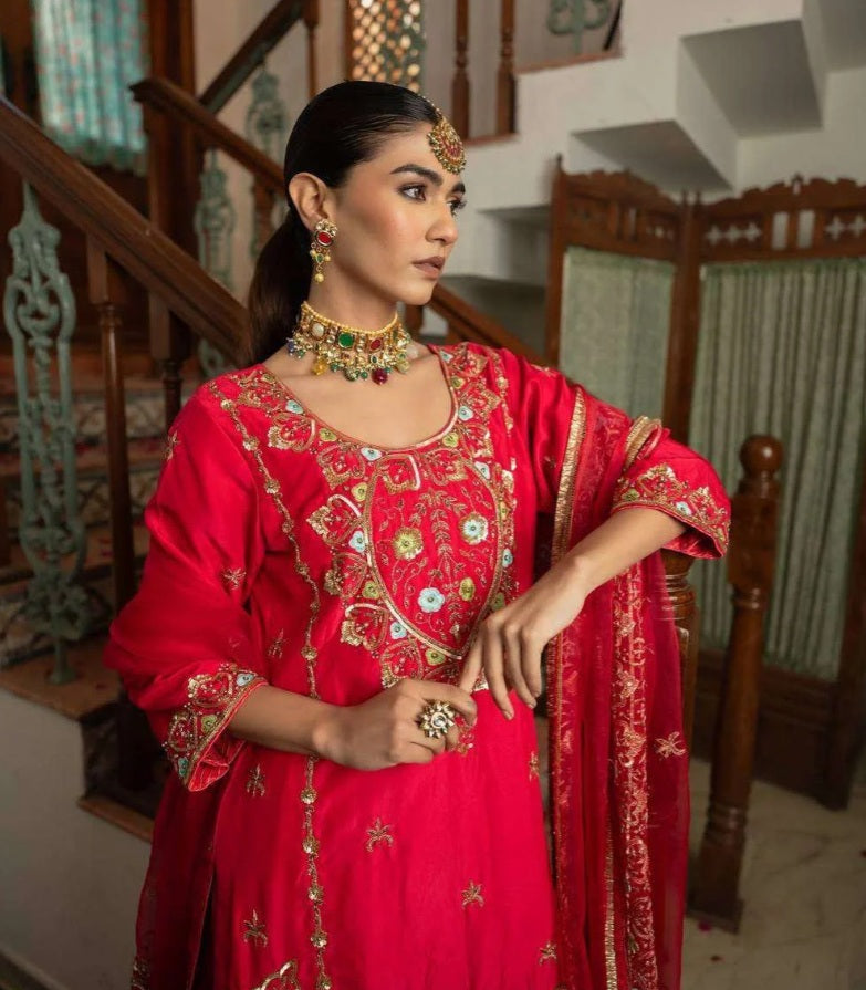 Designer Red Kurti-Sharara with Mirror & Sequin Work