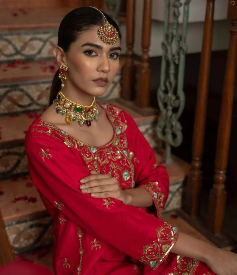 Designer Red Kurti-Sharara with Mirror & Sequin Work