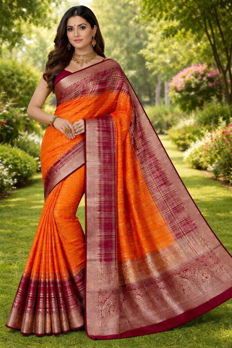 - Kalamkari-inspired gold Zari weaving with Hamsa (peacock) border. - ⁠handloom kanjivaram weaving saree (& purple shades with gold checks & buttas).