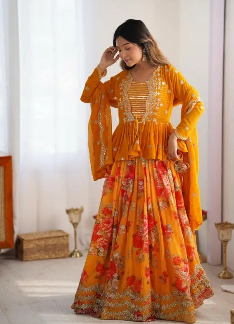 Orange Georgette Printed Stitched Jacket With Semi Stitched Lehenga Choli