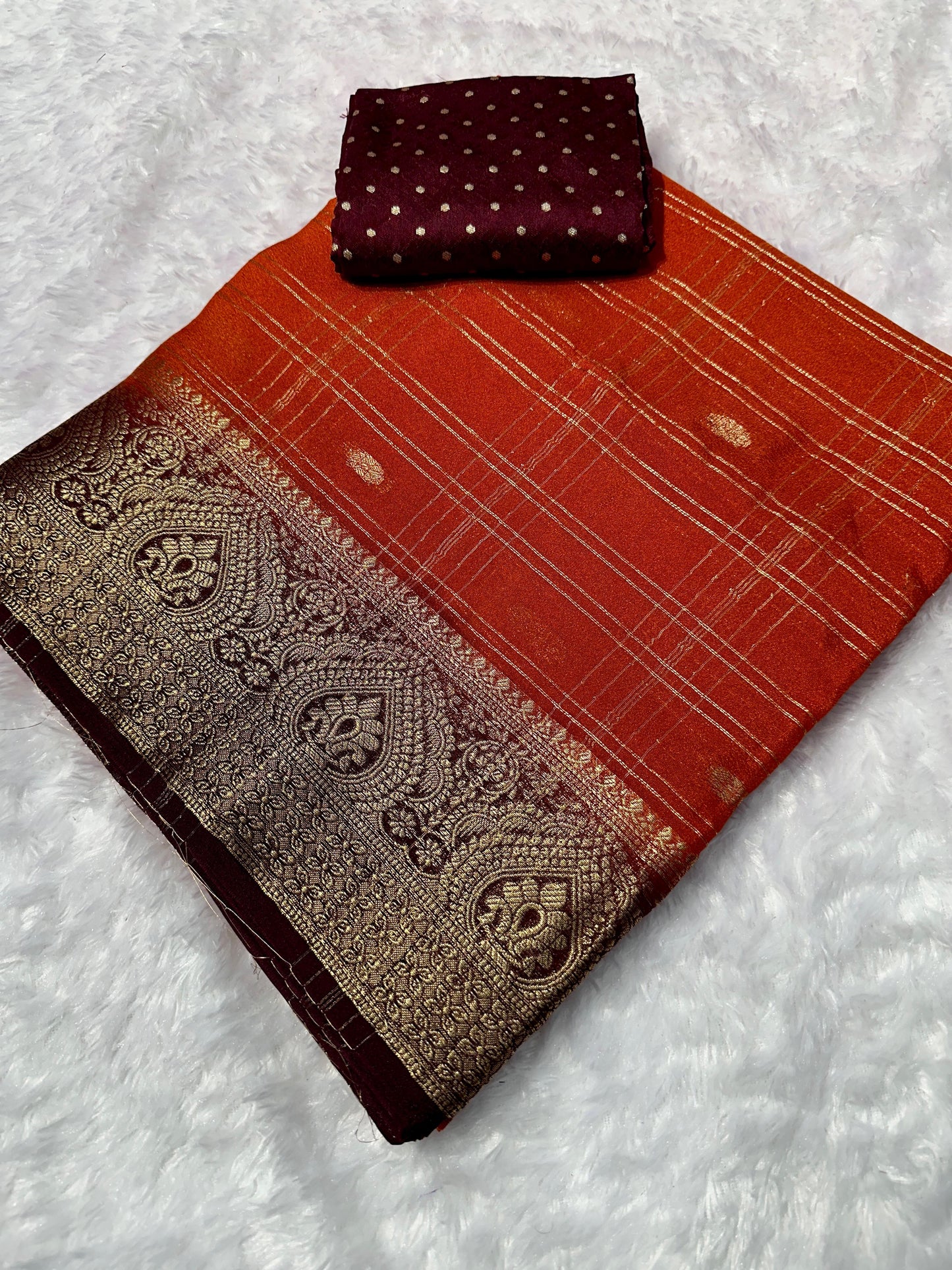 - Kalamkari-inspired gold Zari weaving with Hamsa (peacock) border. - ⁠handloom kanjivaram weaving saree (& purple shades with gold checks & buttas).