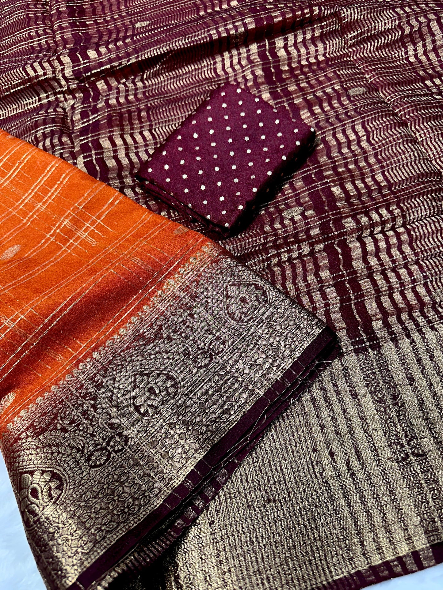 - Kalamkari-inspired gold Zari weaving with Hamsa (peacock) border. - ⁠handloom kanjivaram weaving saree (& purple shades with gold checks & buttas).