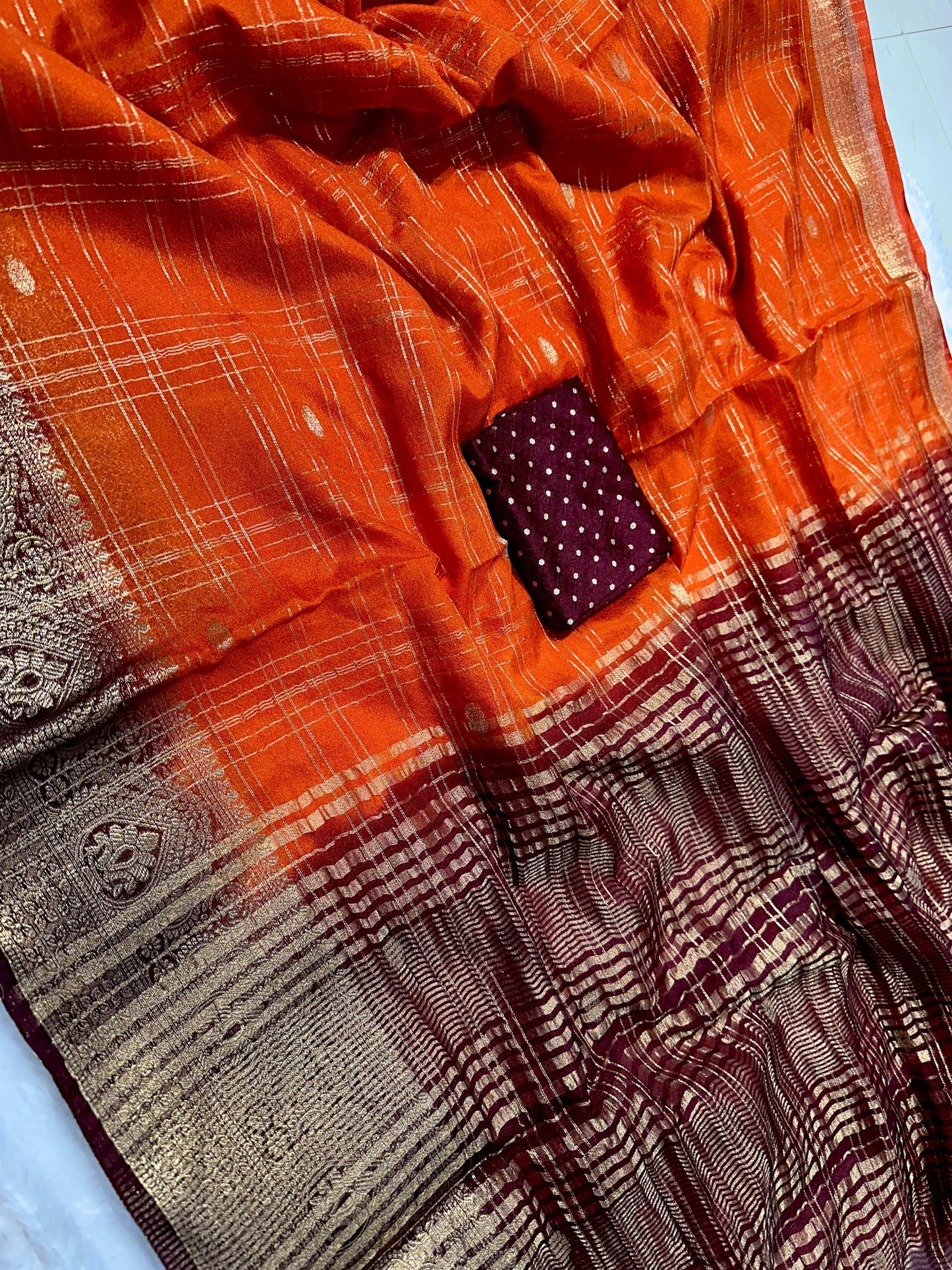 - Kalamkari-inspired gold Zari weaving with Hamsa (peacock) border. - ⁠handloom kanjivaram weaving saree (& purple shades with gold checks & buttas).