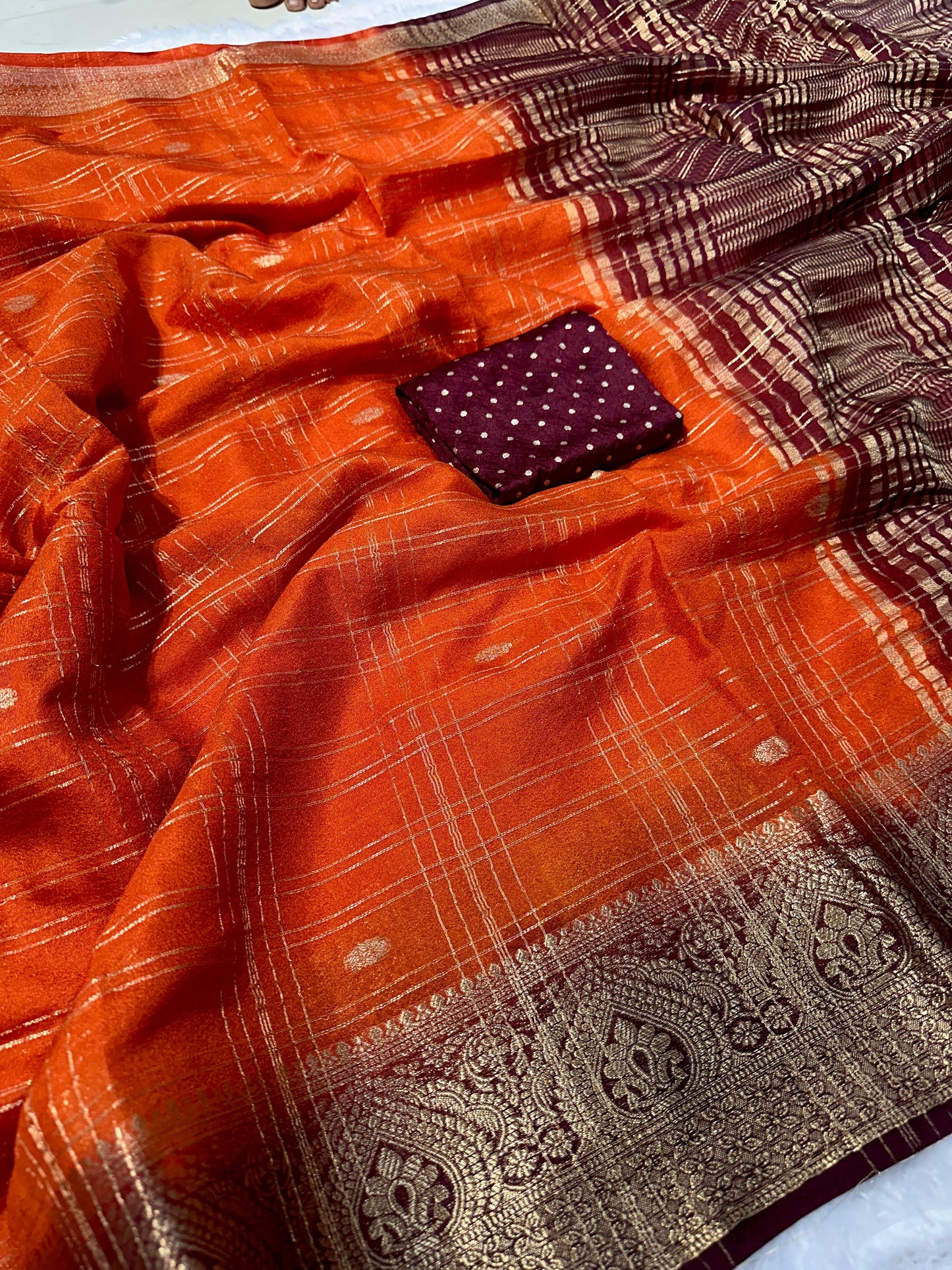 - Kalamkari-inspired gold Zari weaving with Hamsa (peacock) border. - ⁠handloom kanjivaram weaving saree (& purple shades with gold checks & buttas).