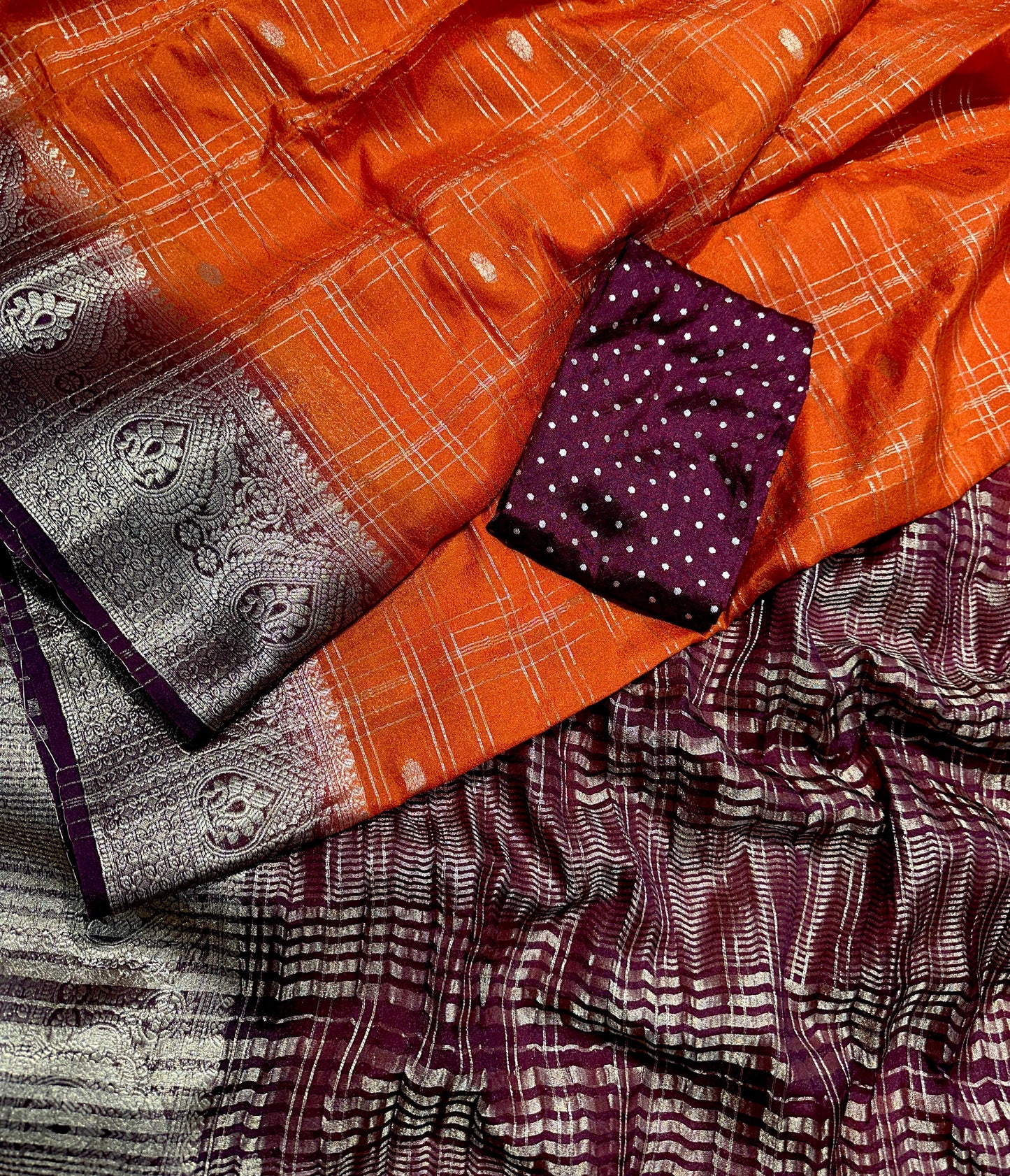 - Kalamkari-inspired gold Zari weaving with Hamsa (peacock) border. - ⁠handloom kanjivaram weaving saree (& purple shades with gold checks & buttas).