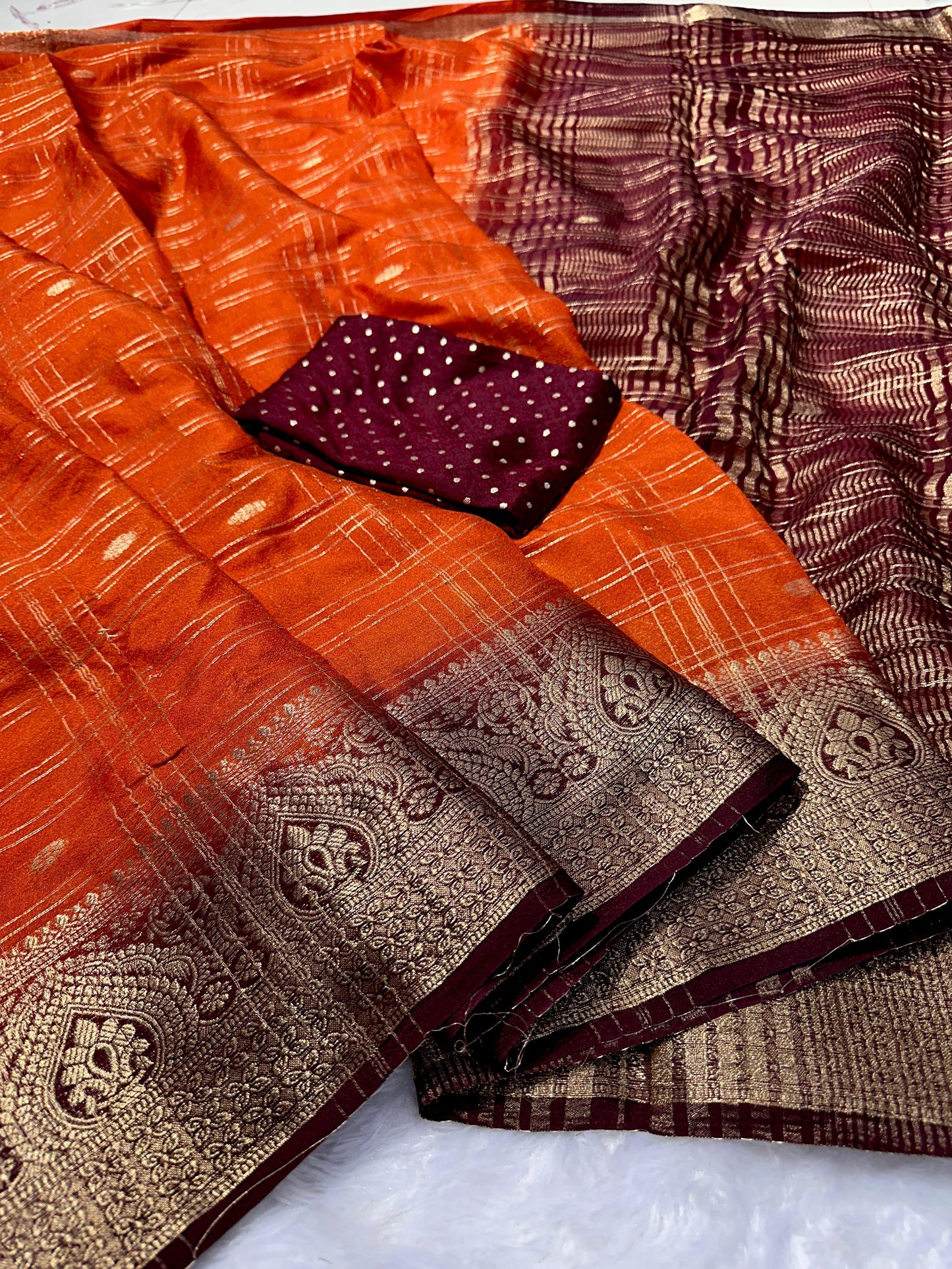 - Kalamkari-inspired gold Zari weaving with Hamsa (peacock) border. - ⁠handloom kanjivaram weaving saree (& purple shades with gold checks & buttas).