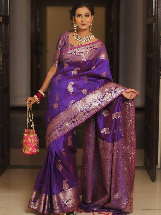 Purple Woven Design Banarasi Silk Blend Saree With Unstitched Blouse Piece