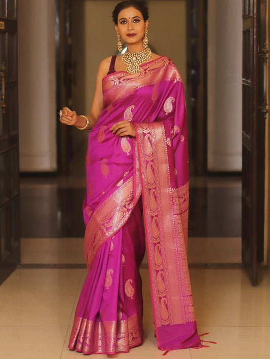 Pink Woven Design Banarasi Silk Blend Saree With Unstitched Blouse Piece