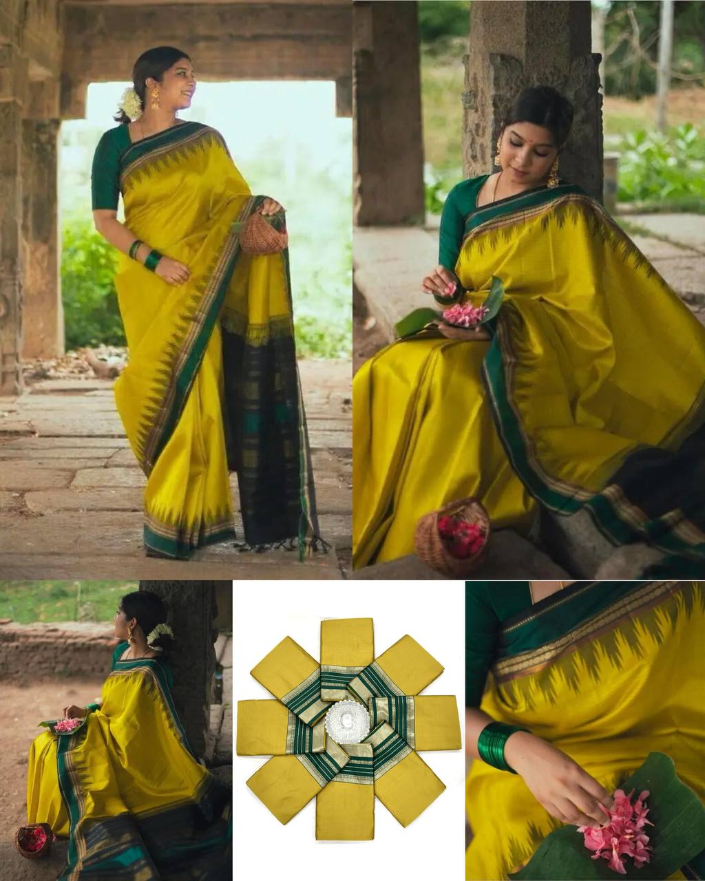 Women's shubh kanchi Pattu Kanchipuram Silk Saree with Blouse (yellow colour)