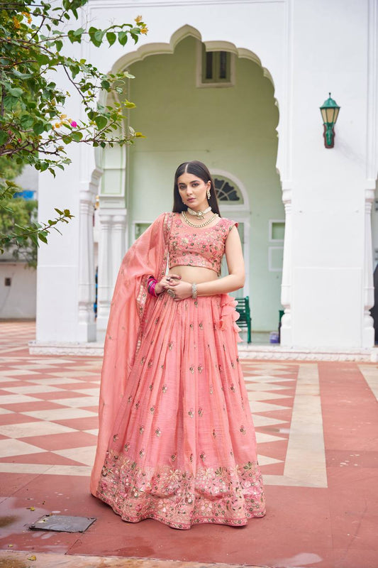 Women's Gold Crush Embroidery Work Stitched Lehenga With Unstitched Blouse and Dupatta Baby Pink