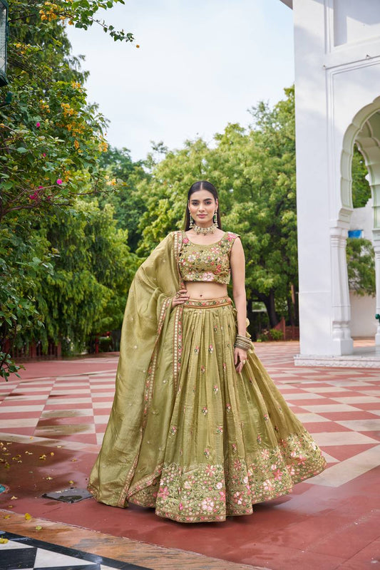 Women's Gold Crush Embroidery Work Stitched Lehenga With Unstitched Blouse and Dupatta Pista Green