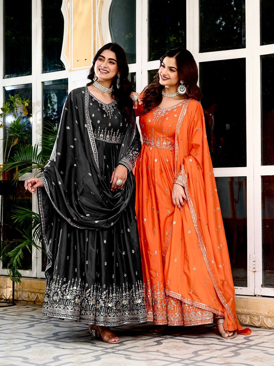 Black Faux Georgette Metalic Multi Foil Work Stitched Gown with Dupatta for Women