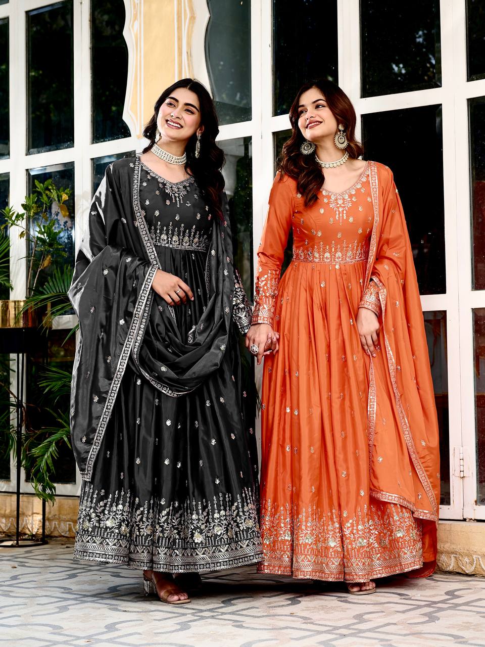 Black Faux Georgette Metalic Multi Foil Work Stitched Gown with Dupatta for Women