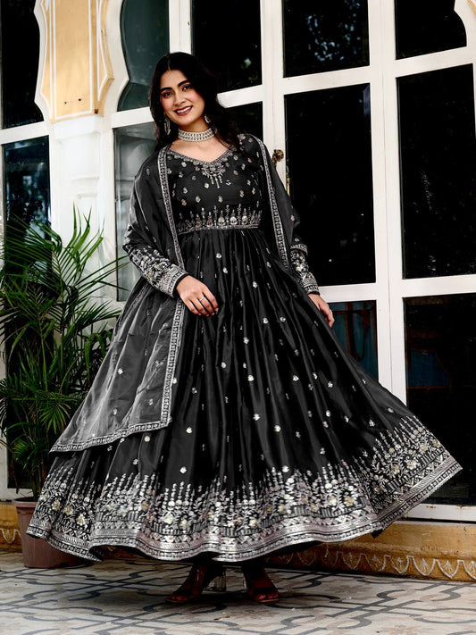 Black Faux Georgette Metalic Multi Foil Work Stitched Gown with Dupatta for Women