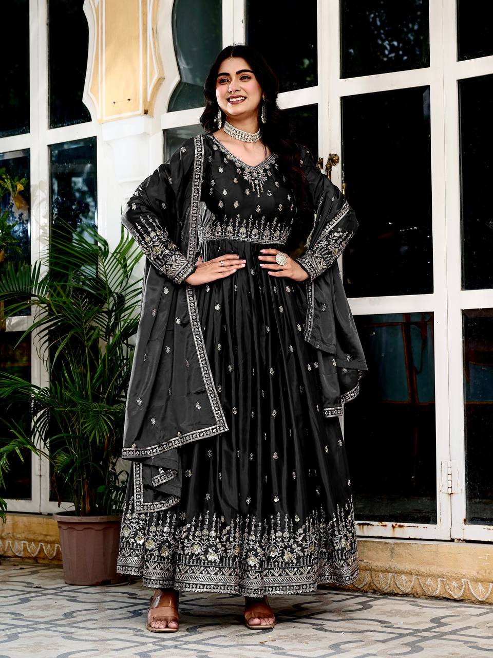Black Faux Georgette Metalic Multi Foil Work Stitched Gown with Dupatta for Women