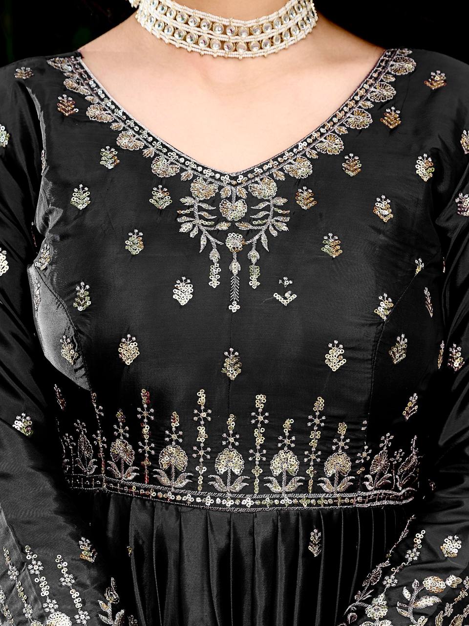 Black Faux Georgette Metalic Multi Foil Work Stitched Gown with Dupatta for Women