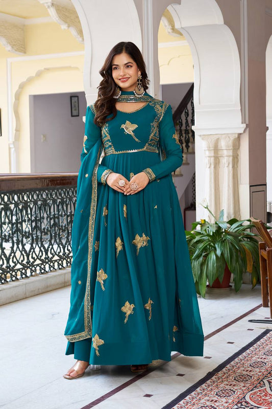 Women Ethnic Motifs Embroidered Anarkali Kurta with Trousers & Dupatta Rama Blue