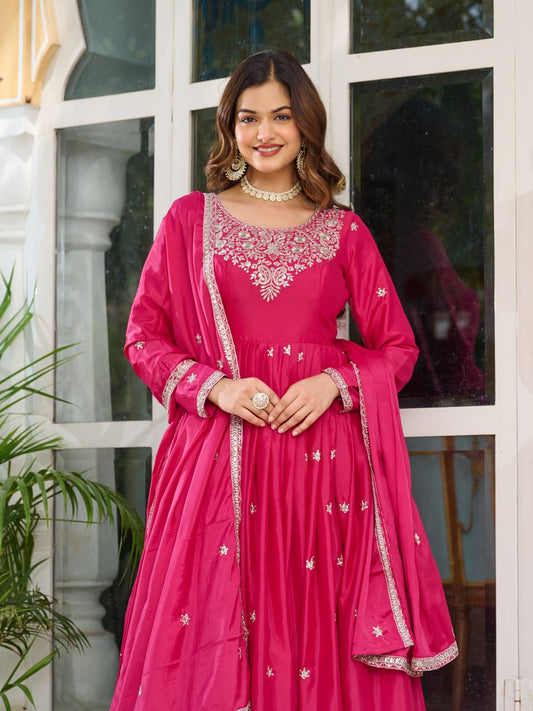 Women’s Rani Pink Anarkali Kurta Set with Dupatta | Festive Embroidered Kurti Pant Set for Women | Wedding, Party & Diwali Special Ethnic Dress - PINK