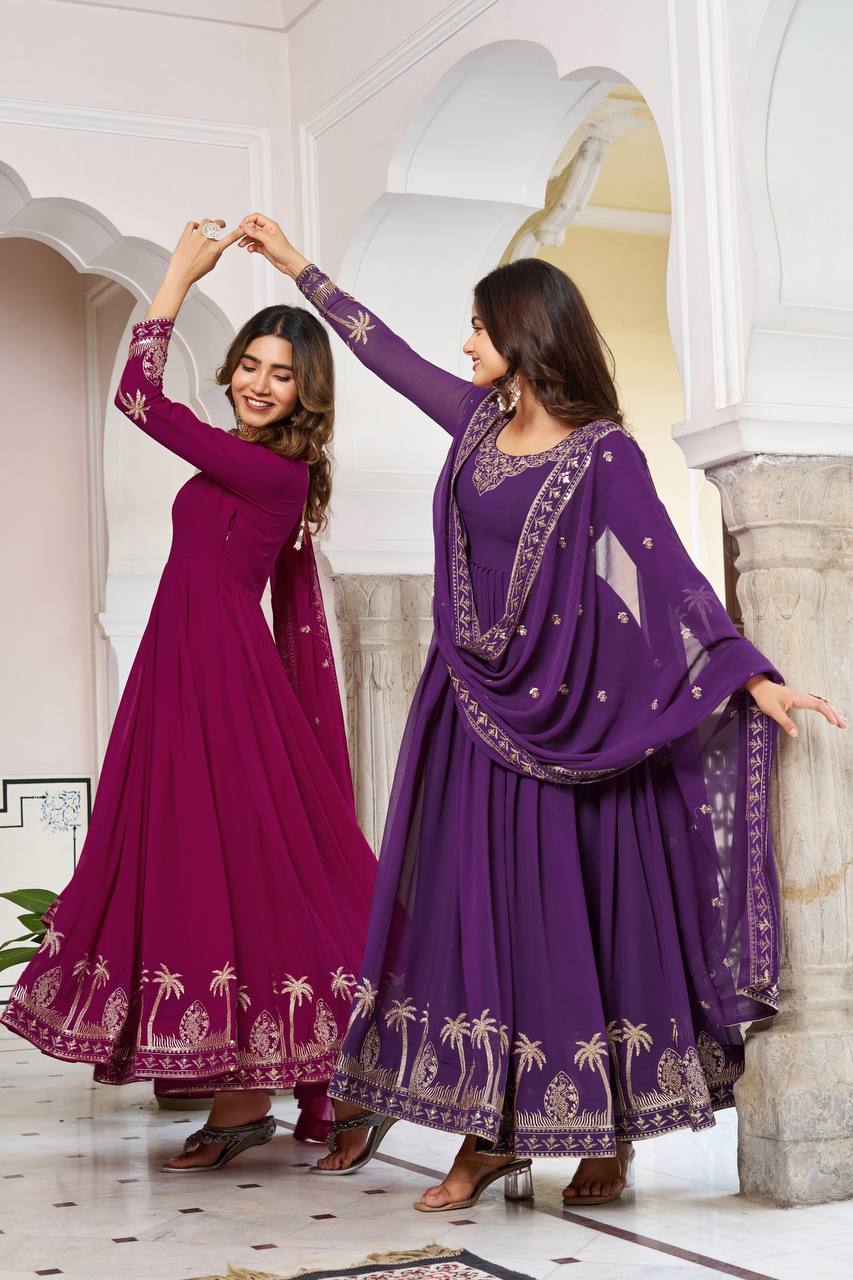 Ethnic Motifs Embroidered Anarkali Zari Work Kurta With Trouser & Dupatta Pink