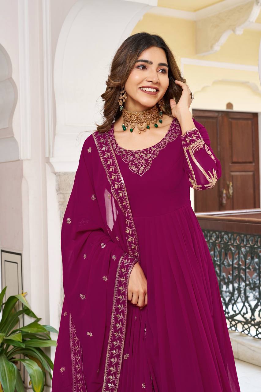 Ethnic Motifs Embroidered Anarkali Zari Work Kurta With Trouser & Dupatta Pink