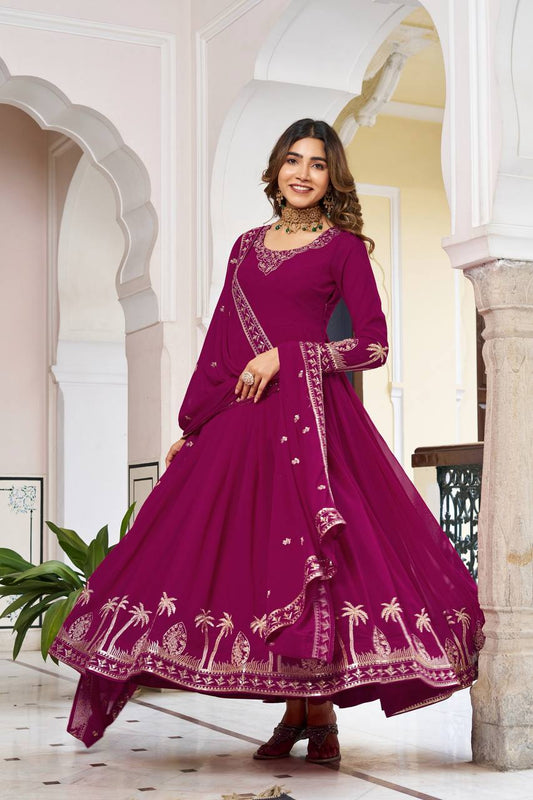 Ethnic Motifs Embroidered Anarkali Zari Work Kurta With Trouser & Dupatta Pink