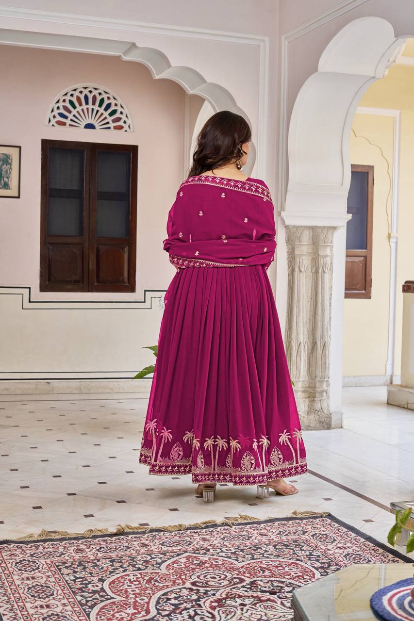 Ethnic Motifs Embroidered Anarkali Zari Work Kurta With Trouser & Dupatta Pink