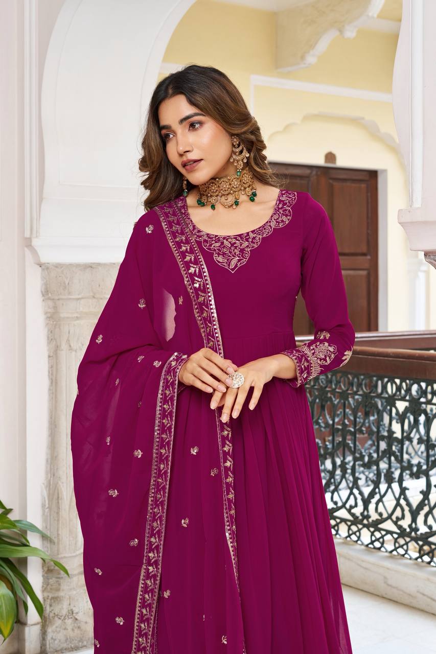Ethnic Motifs Embroidered Anarkali Zari Work Kurta With Trouser & Dupatta Pink