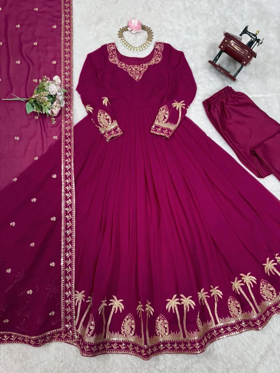 Ethnic Motifs Embroidered Anarkali Zari Work Kurta With Trouser & Dupatta Pink