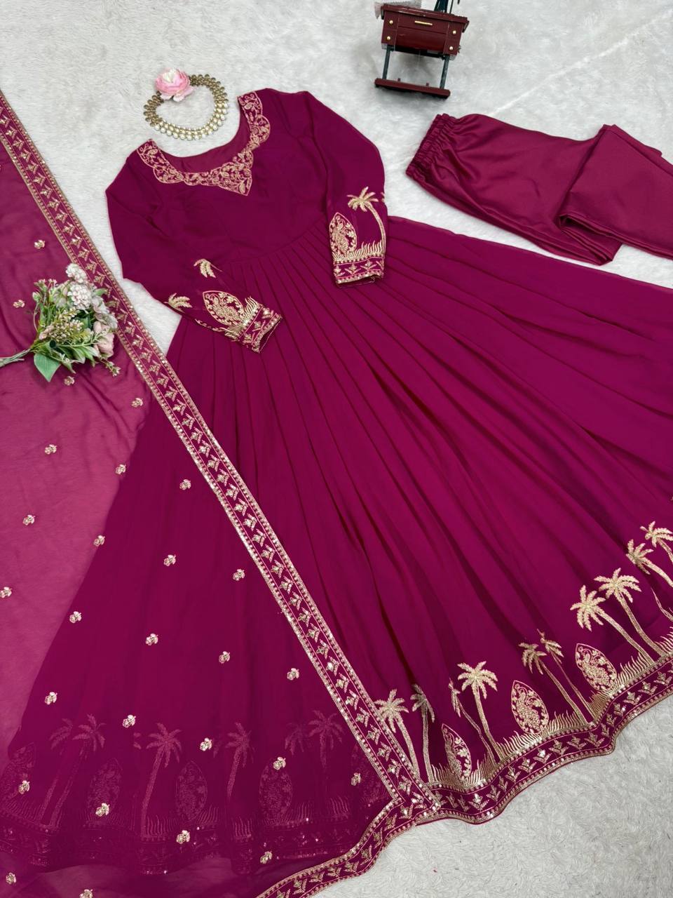 Ethnic Motifs Embroidered Anarkali Zari Work Kurta With Trouser & Dupatta Pink