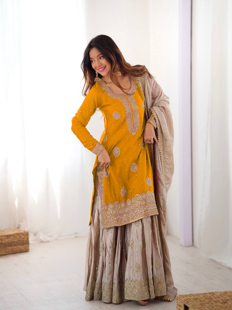 Women Mustard Georgette Embroidered Stitched Kurta Set Yellow