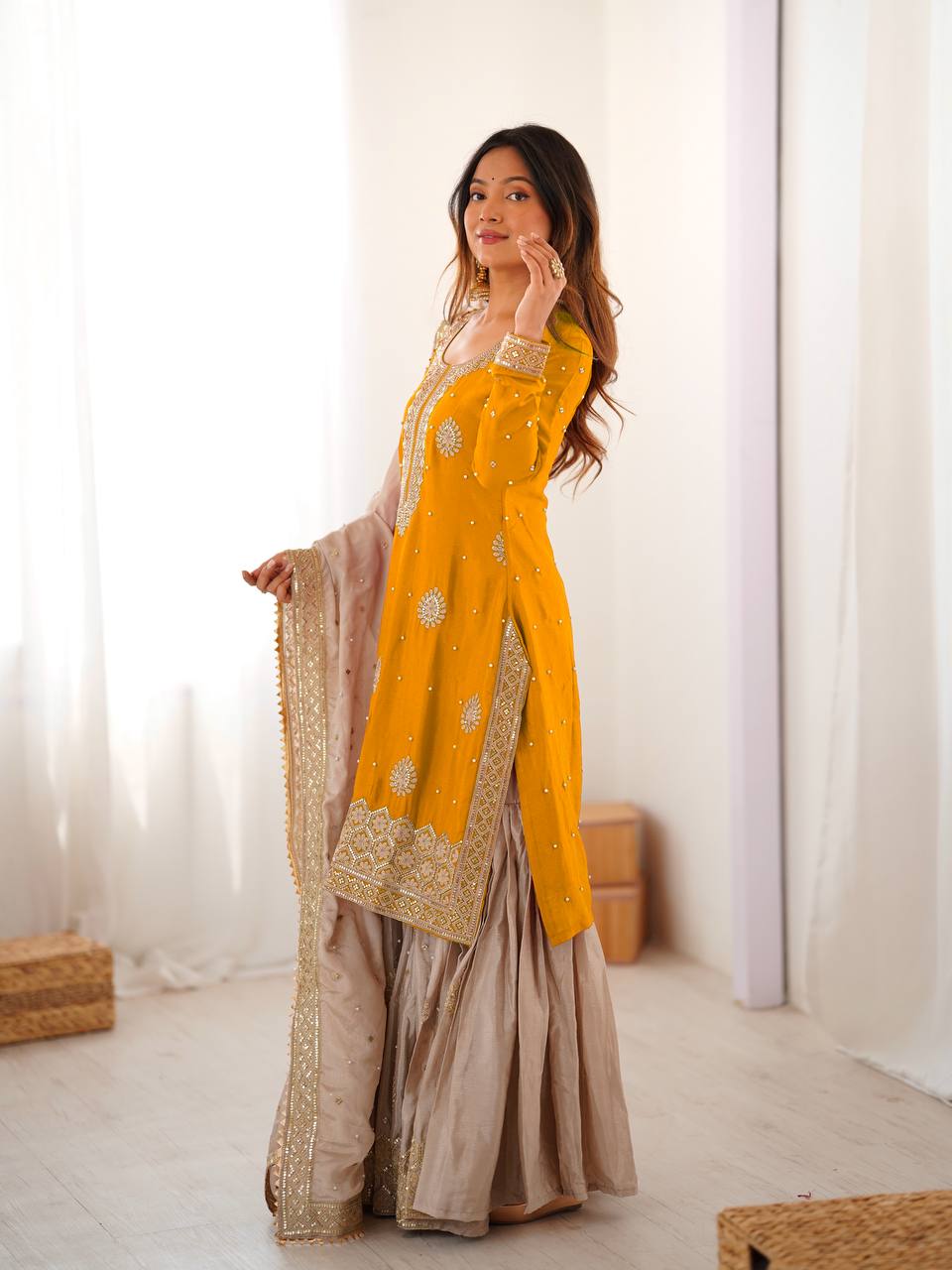 Women Mustard Georgette Embroidered Stitched Kurta Set Yellow