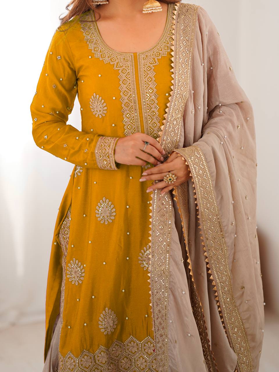 Women Mustard Georgette Embroidered Stitched Kurta Set Yellow