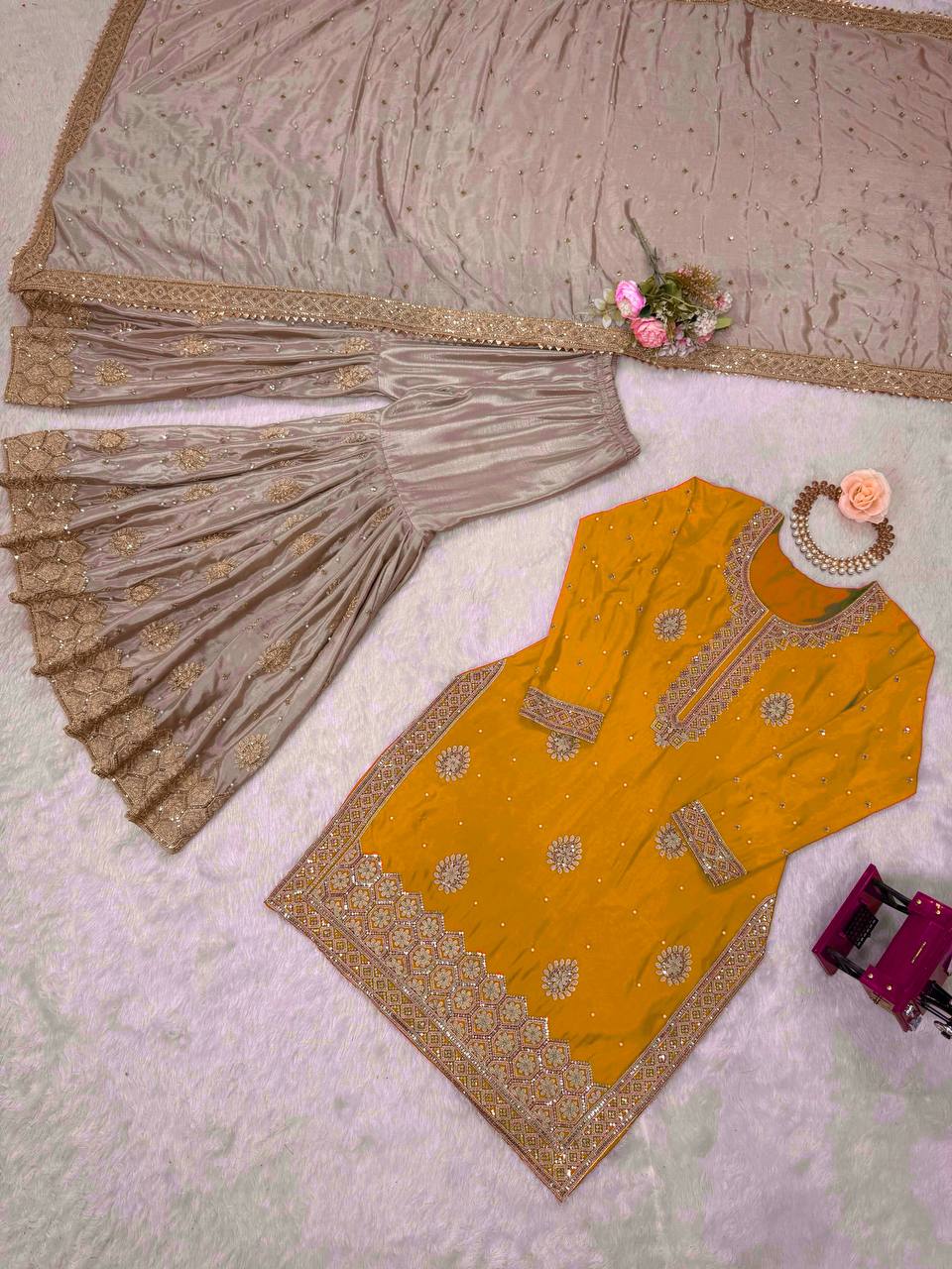 Women Mustard Georgette Embroidered Stitched Kurta Set Yellow