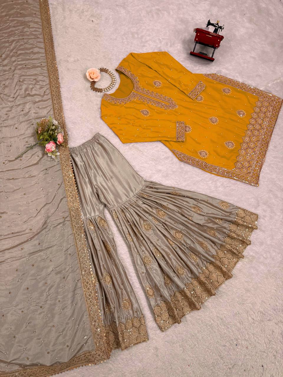 Women Mustard Georgette Embroidered Stitched Kurta Set Yellow