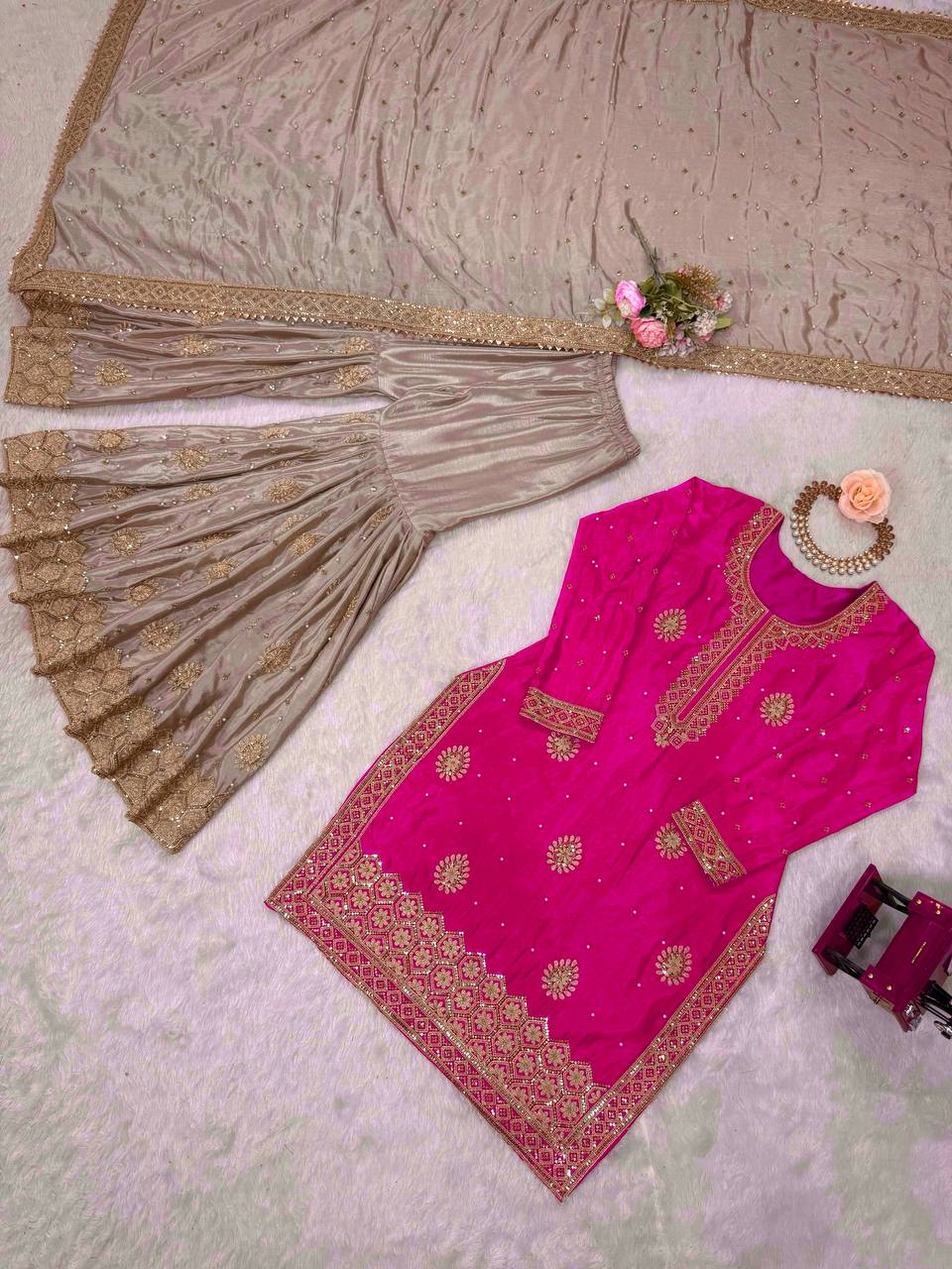 Women Mustard Georgette Embroidered Stitched Kurta Set Pink